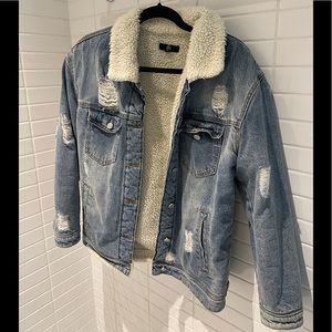 Oversized fleece lined collar denim jacket in stone wash